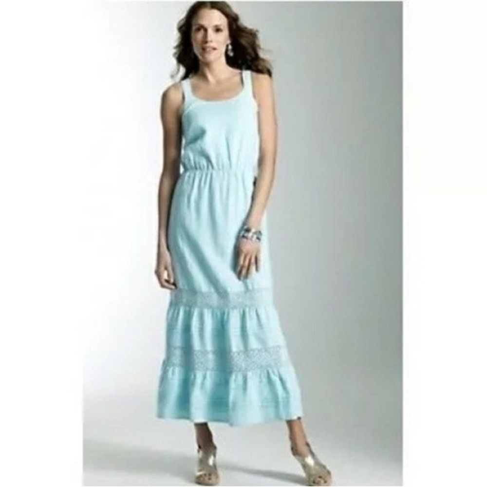 J. Jill Light Blue Linen Crochet Detail Tank Maxi Dress Size XL